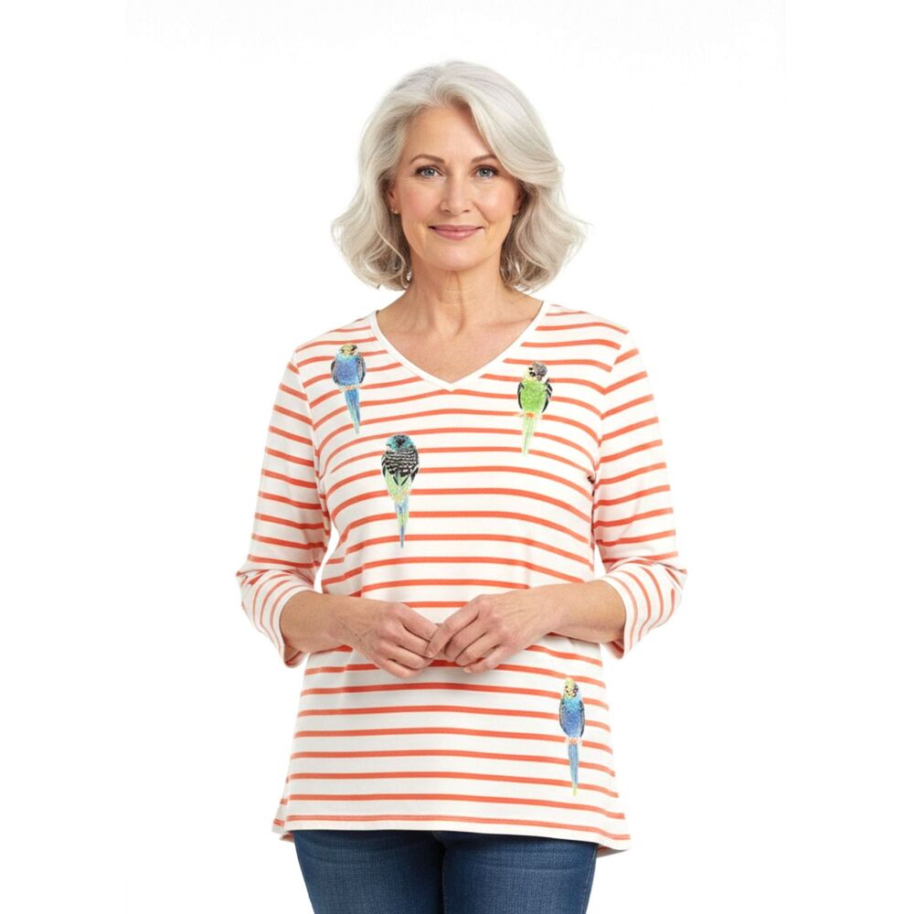NWT Quacker Factory Size Large Parakeet Embroidered Striped Bling Top A264532‎
